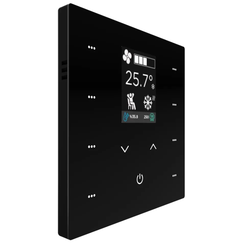 iX2 2″ sensorli KNX paneli, 2/4/8 tugma, qora, LCD displeyli, havo sifati (AQI) datchikli ITR332-3801