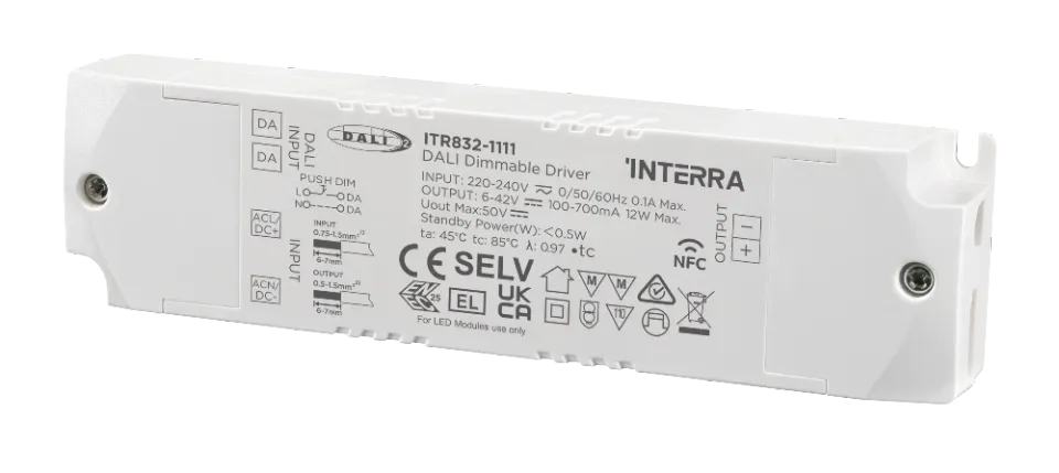 Interra NFC dasturlanadigan DALI-2 DT6 LED drayveri, doimiy tok, 12 Vt (100–700 mA) ITR832-1103