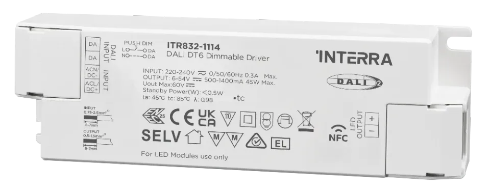 Interra NFC dasturlanadigan DALI-2 DT6 LED drayveri, doimiy tok, 45 Vt (500–1400 mA) ITR832-1106