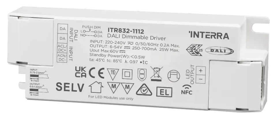 Программируемый (NFC) LED-драйвер DALI-2 DT8 Interra, постоянный ток, 25 Вт (250–700 мА) ITR832-1132